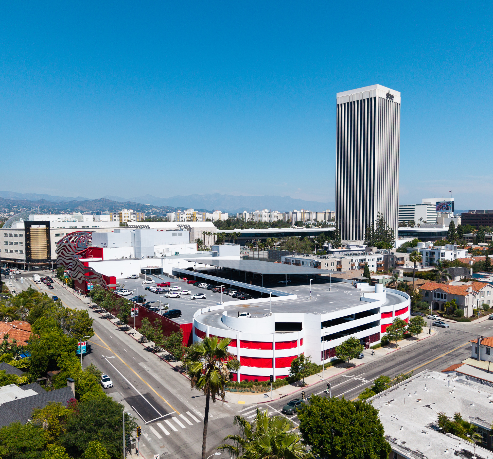 Aerial view of Petersen parking garage Solar Installation with large Commercial Solar canopy and solar PV array at the museum.