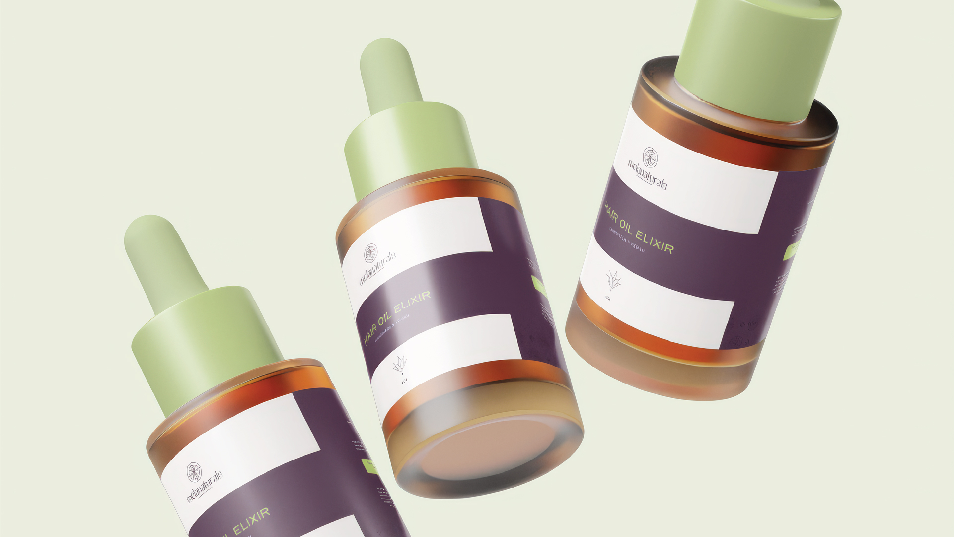 Three amber glass bottles with light green dropper caps labeled 'Hair Oil Elixir' on a pale background.