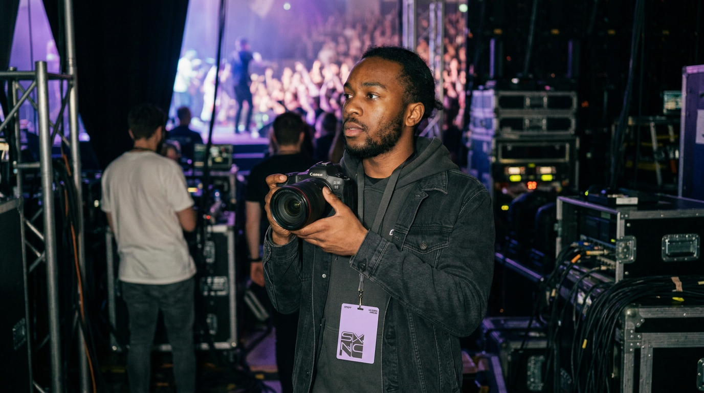 Photographer holding a Canon camera backstage at a live event with a crowd and performers visible on stage in the background.