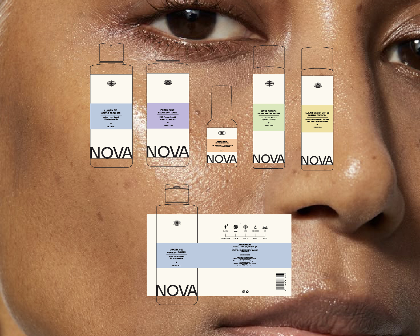 Close-up of a woman's face with six overlaid NOVA skincare product illustrations including gentle cleanser, balancing toner, target serum, barrier boosting moisture, and SPF 50 sun protection.