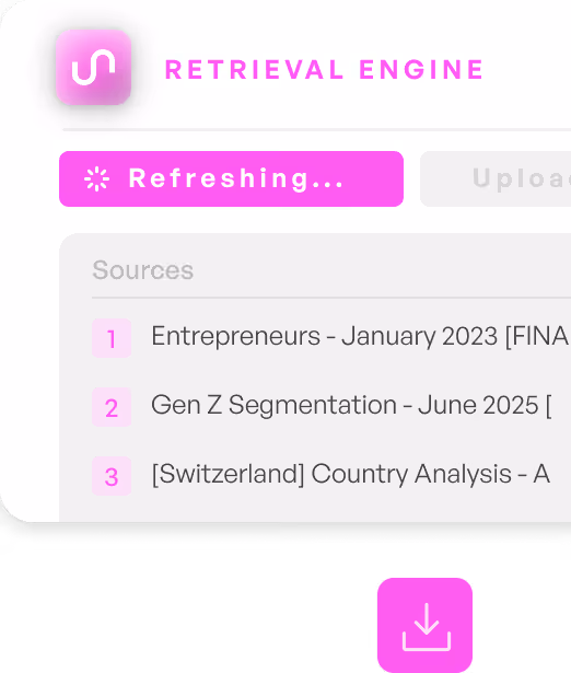 User interface showing Retrieval Engine refreshing with source list and download icon below.