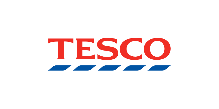 TESCO brand logo with red letters and blue stripes underneath on a black background.