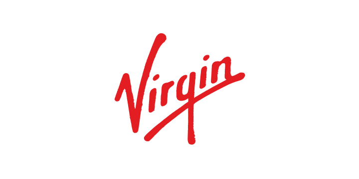 Virgin brand name in red script font on a black background.