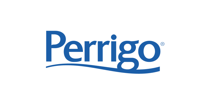Perrigo company logo in blue with a wave design under the text.
