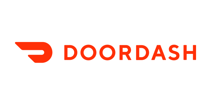 DoorDash logo in red text with a stylized red D icon on a black background.