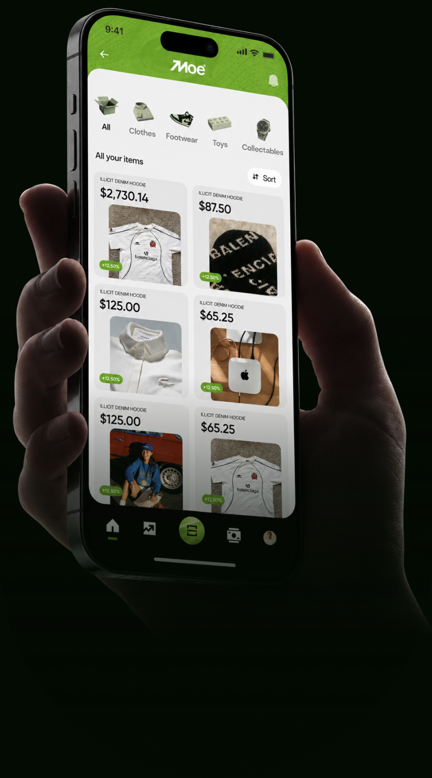 The Moe app showing item values on a phone