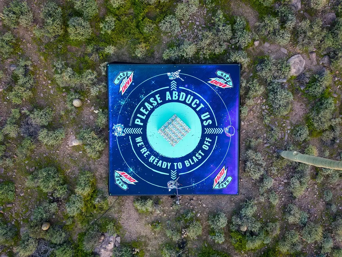 A drone view of Imprint's desert installation for Hard Mountain Dew's Alien Abduction activation