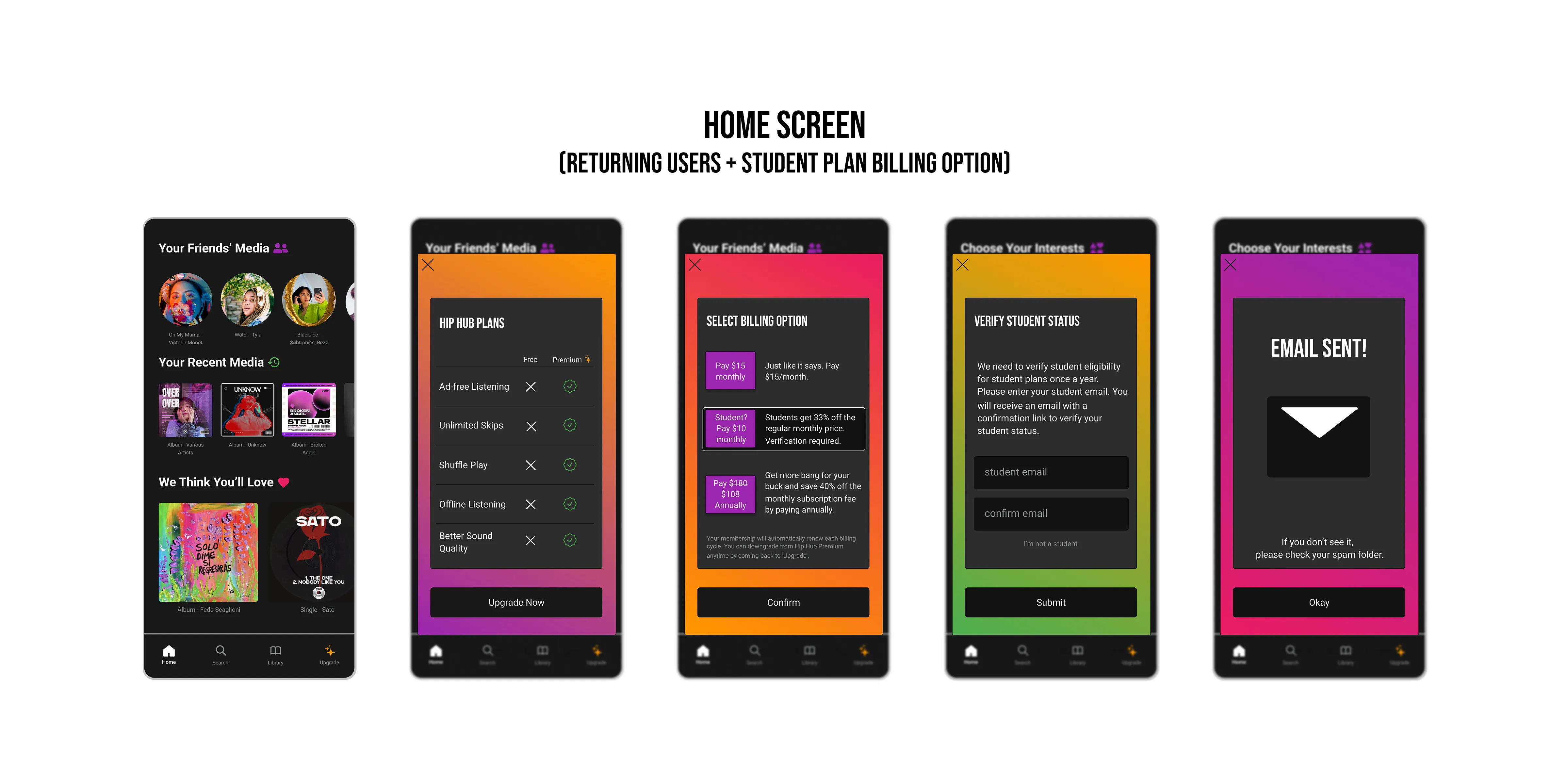 Hip Hub returning users + student plan billing options screens.
