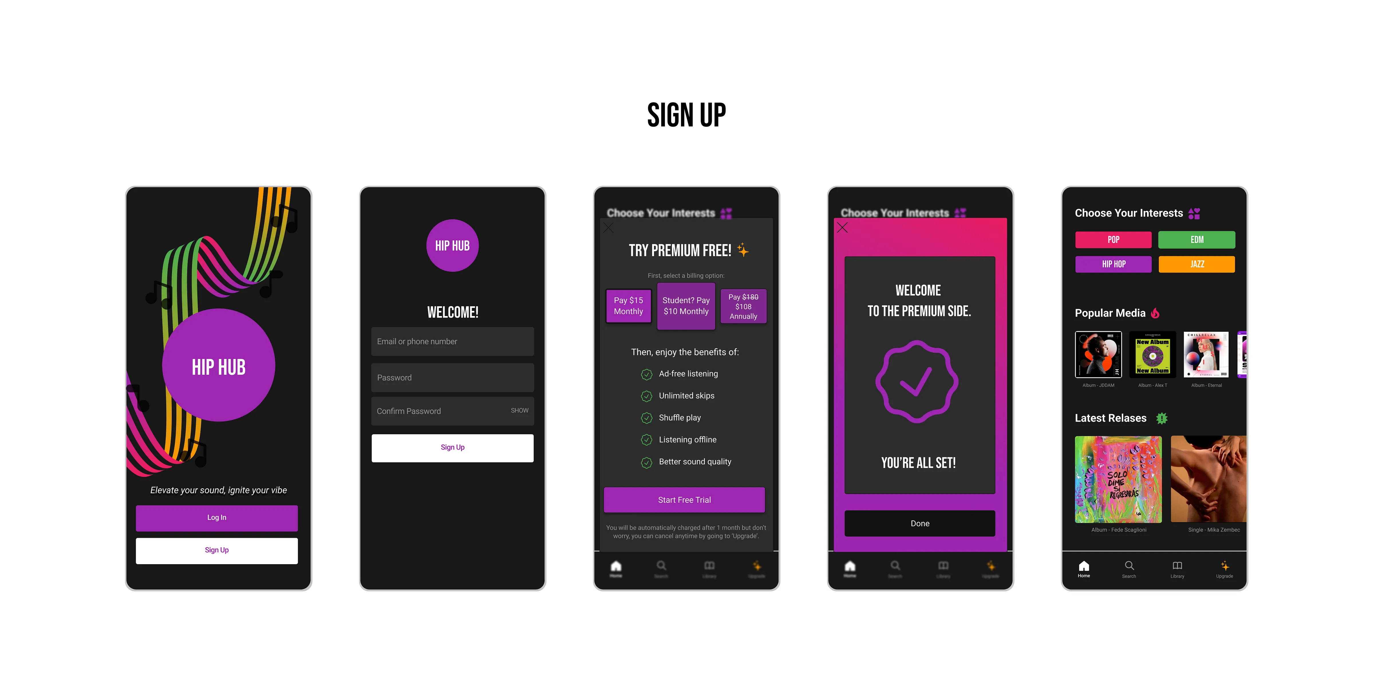 Hip Hub sign up screens.