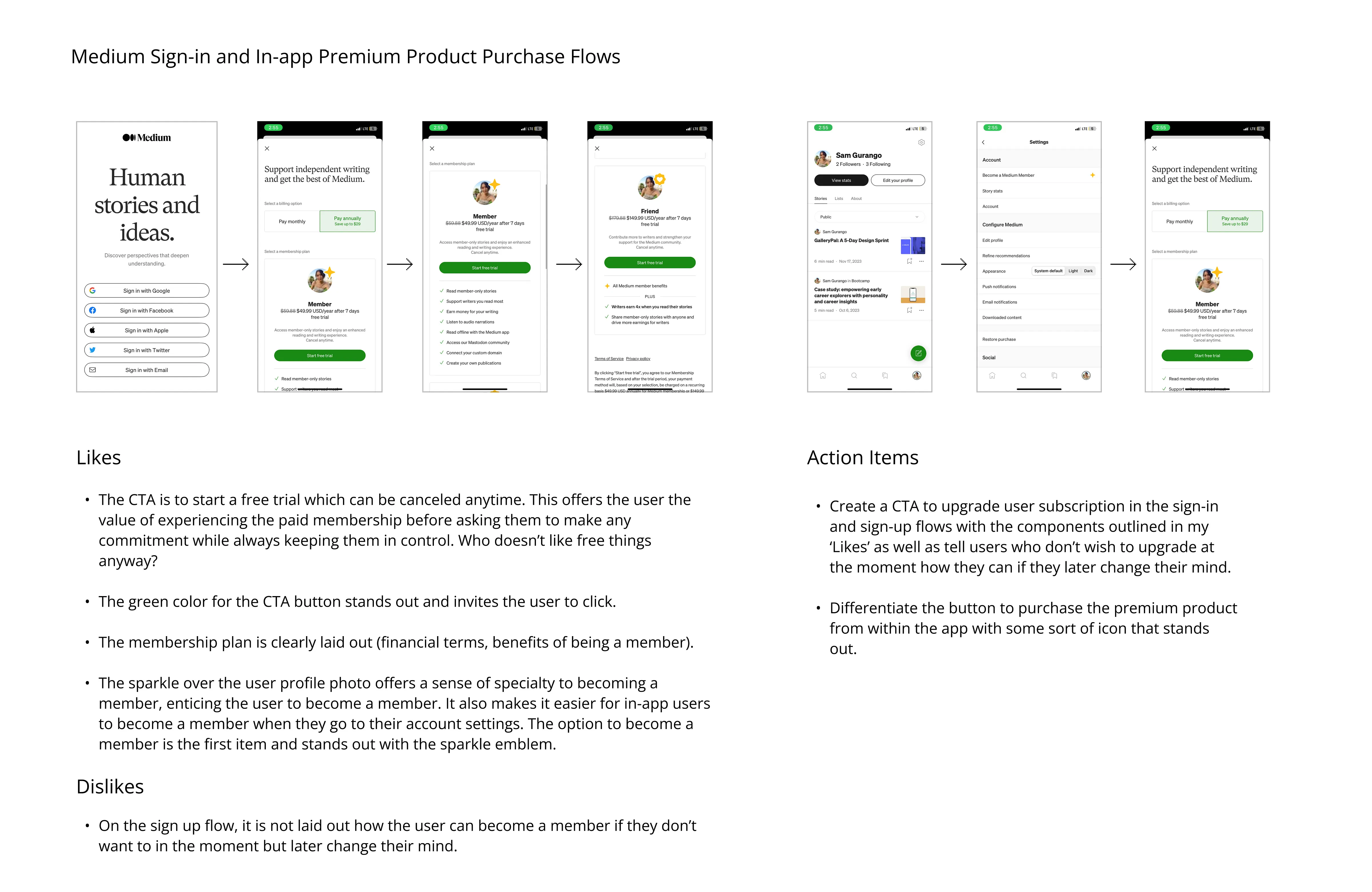 Medium sign-in and in-app premium product purchase flows.
