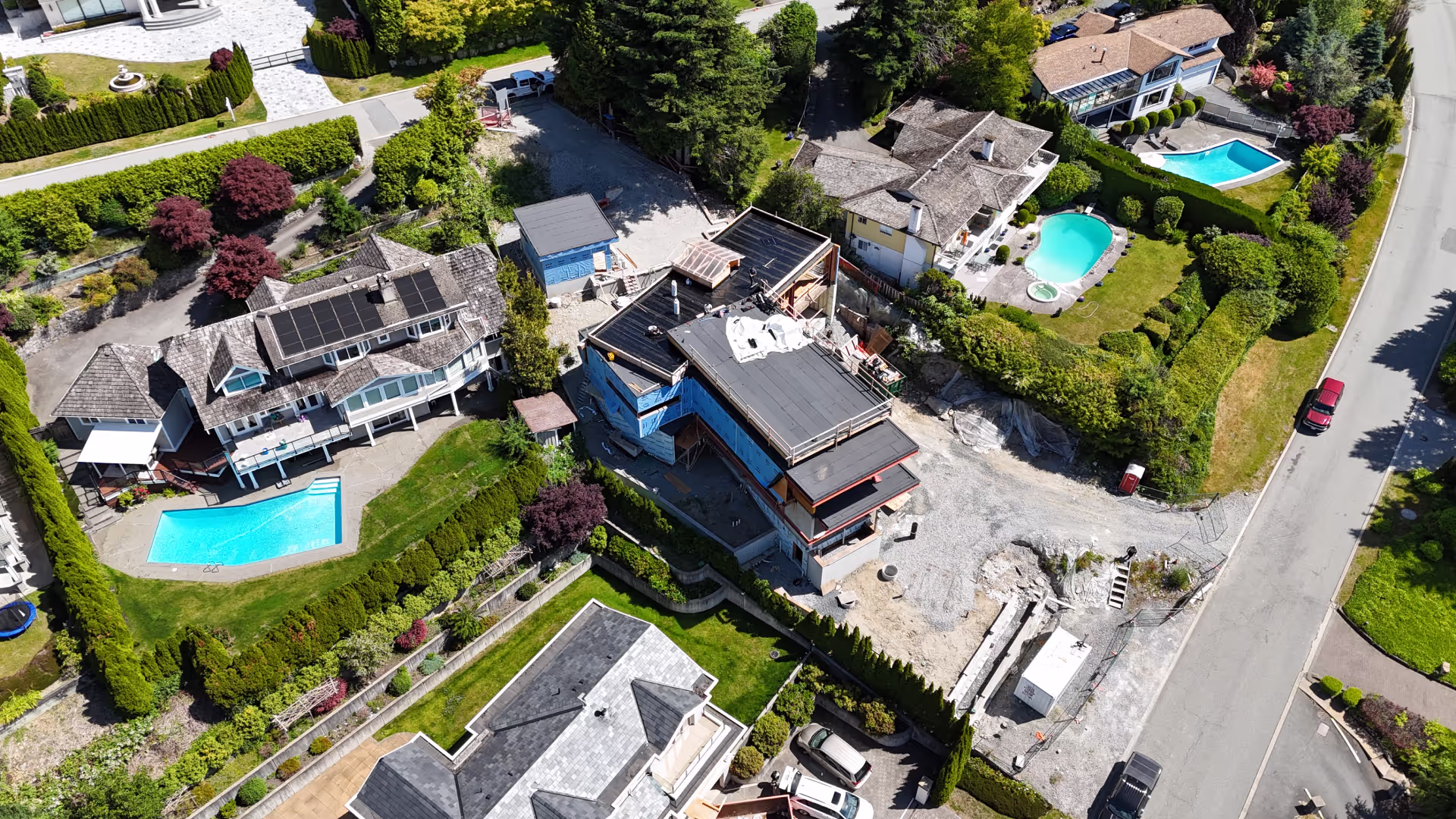 Cambridge, West Vancouver — finished 2-ply torch-on roof, aerial view