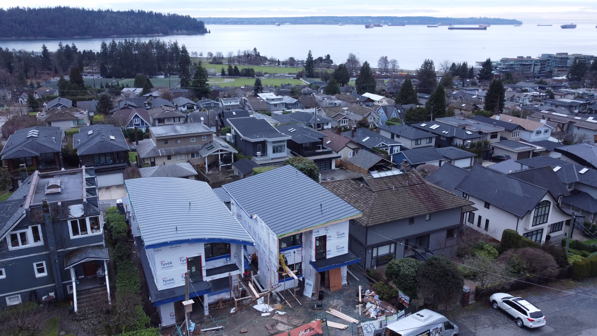 Two-ply torch-on flat roof on a Metro Vancouver duplex, overview