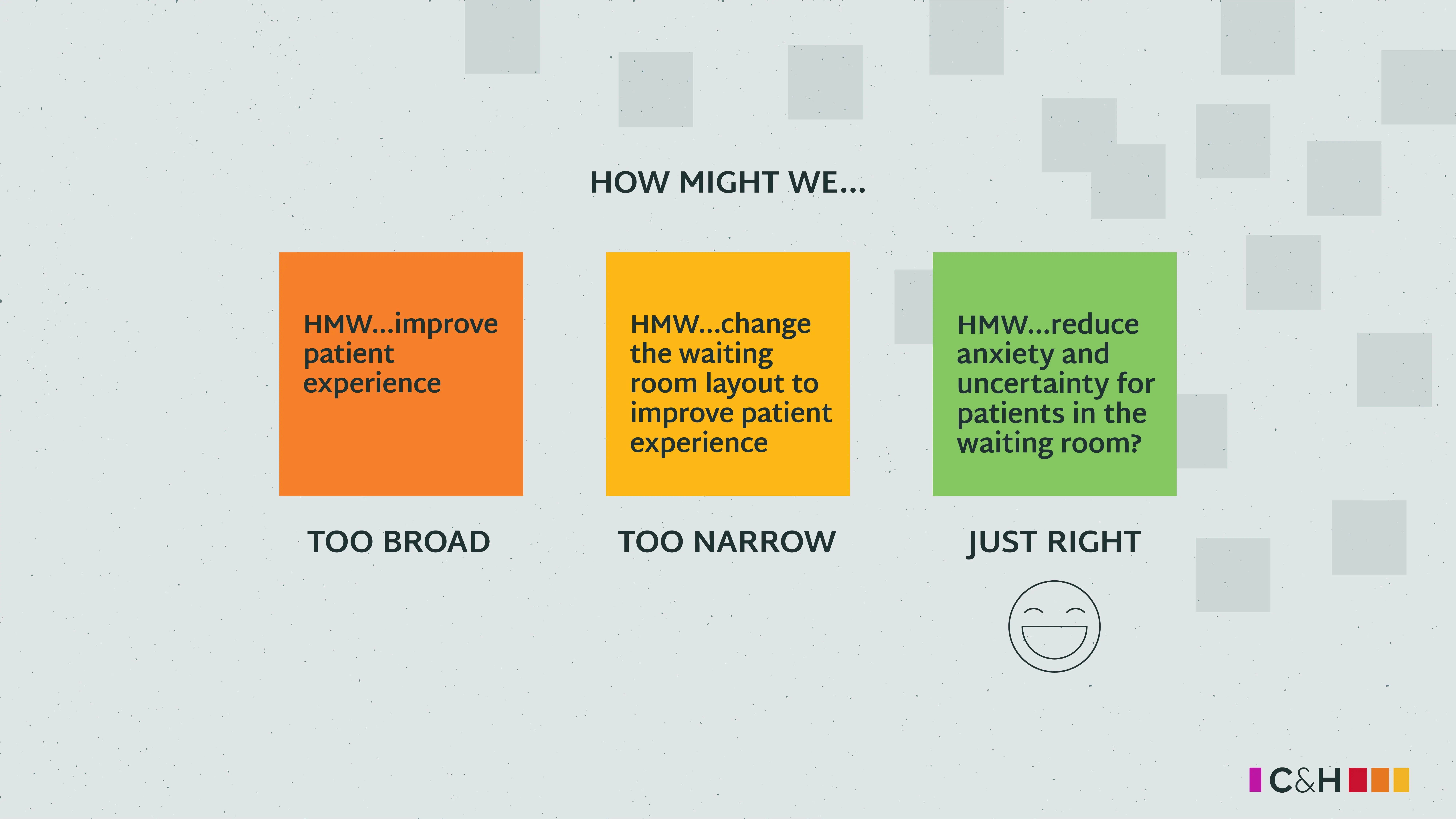 Three post-its showing examples of How Might We questions. From too broad, to too narrow to just right.