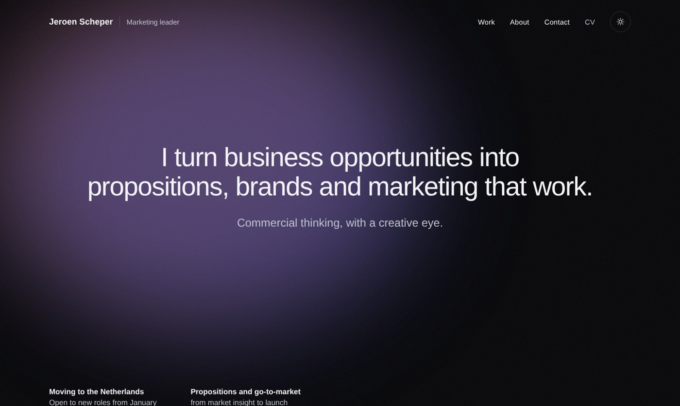The hero of this website with the moving gradient and glass J
