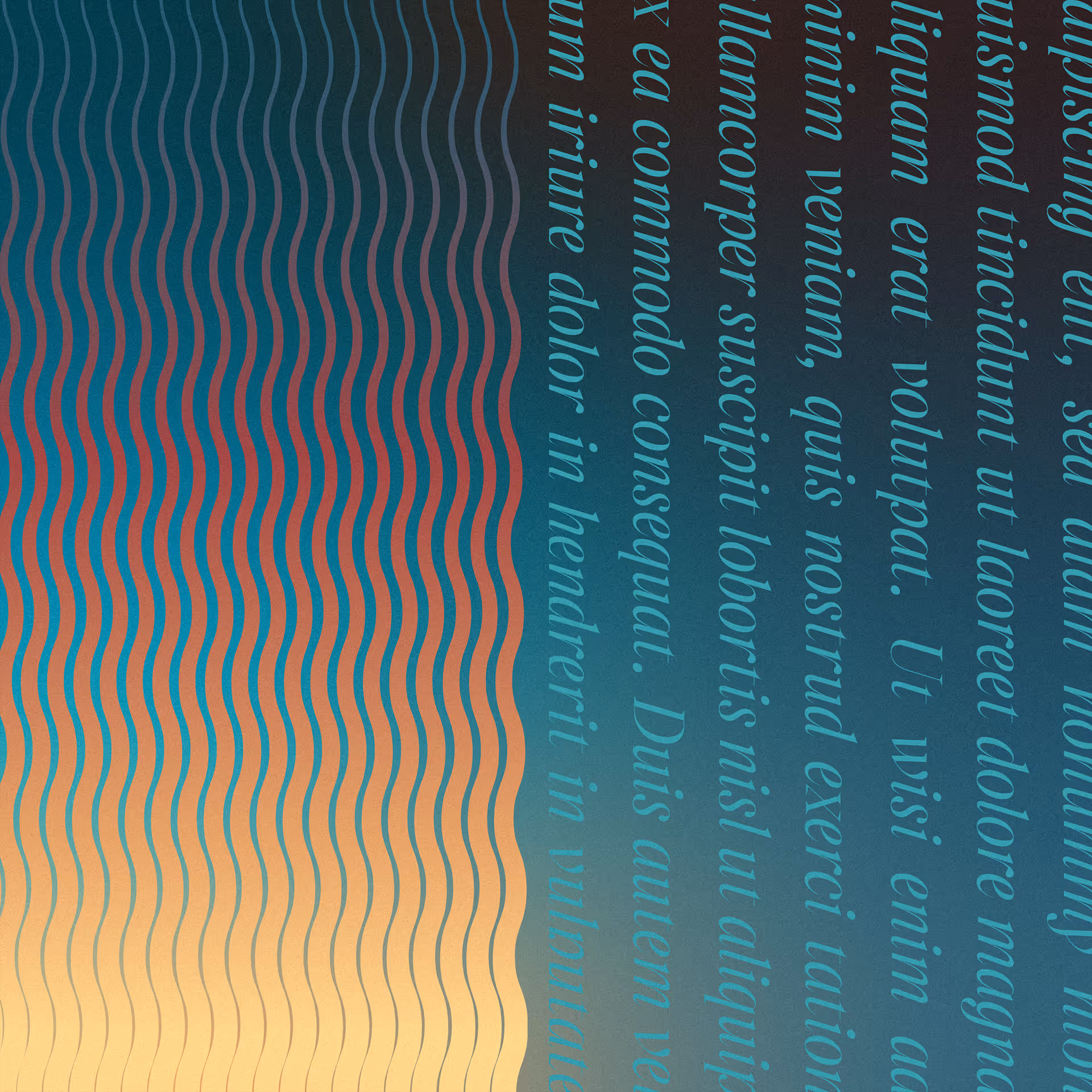 Abstrakti typografinen kuvitus, jossa aaltoilevia tekstirivejä keltaisella ja sinisellä pohjalla.