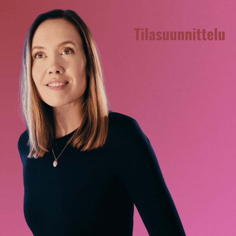 Riikka Aarnio, sisustusarkkitehti. Kuvan päällä looppaava Tilasuunnittelu-palvelun animaatiosymboli.