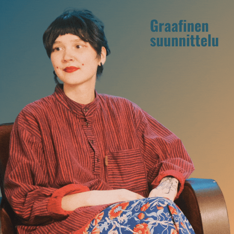 Ramona Björkman, luova suunnittelija ja taiteilija. Kuvan päällä looppaava Graafinen suunnittelu -palvelun animaatiosymboli.