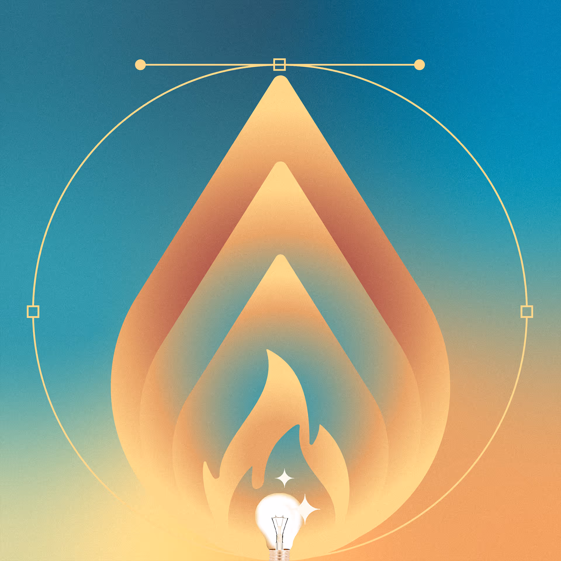 Graafinen kuvitus Kipinä-palvelusta: tyylitelty kerroksittainen liekki, jonka ytimessä hehkuu idealamppu.