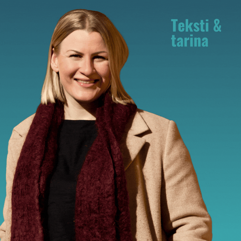 Laura Salo, tarinallistava copywriter ja brändirunoilija. Kuvan päällä looppaava Teksti & tarina -palvelun animaatiosymboli.
