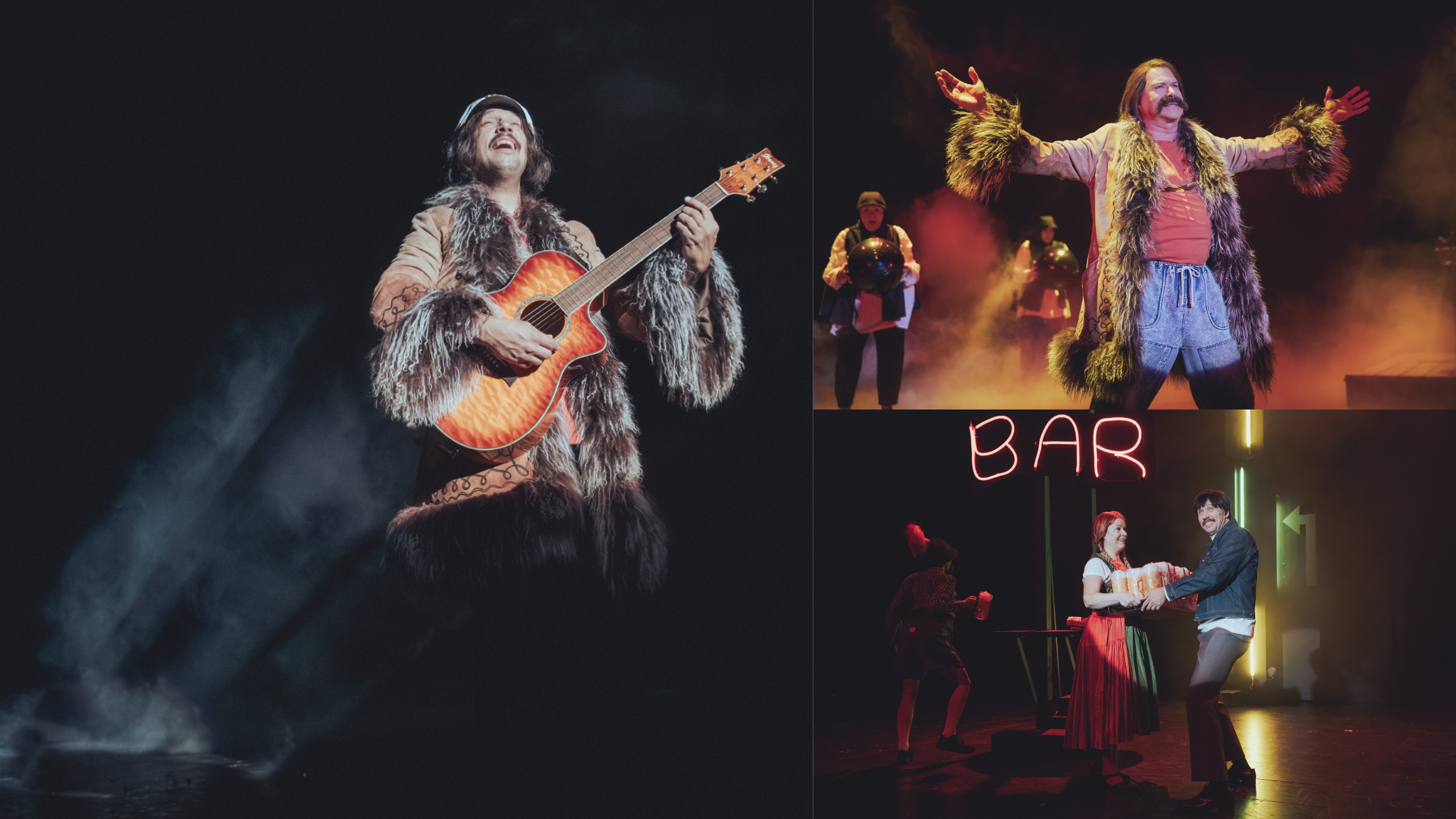 Valokuvia Hämeenlinnan Teatterin Irwin-näytelmästä: esiintymishetkiä ja tunnelmia teatterilavalta.