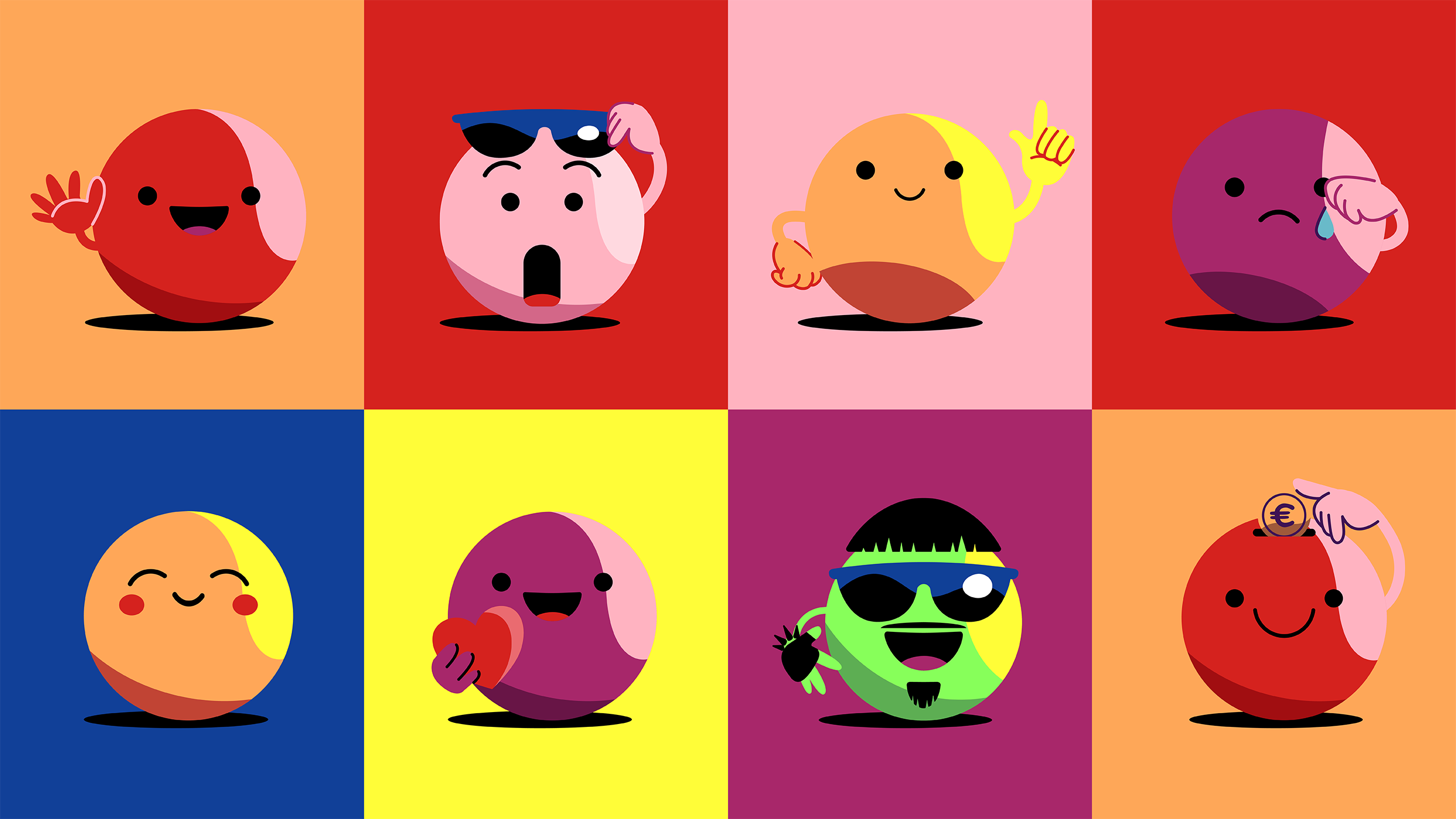 Nenäpäivän värikäs hahmokuvitus 2023: iloisia ja persoonallisia pallohahmoja eri tunnetiloissa.