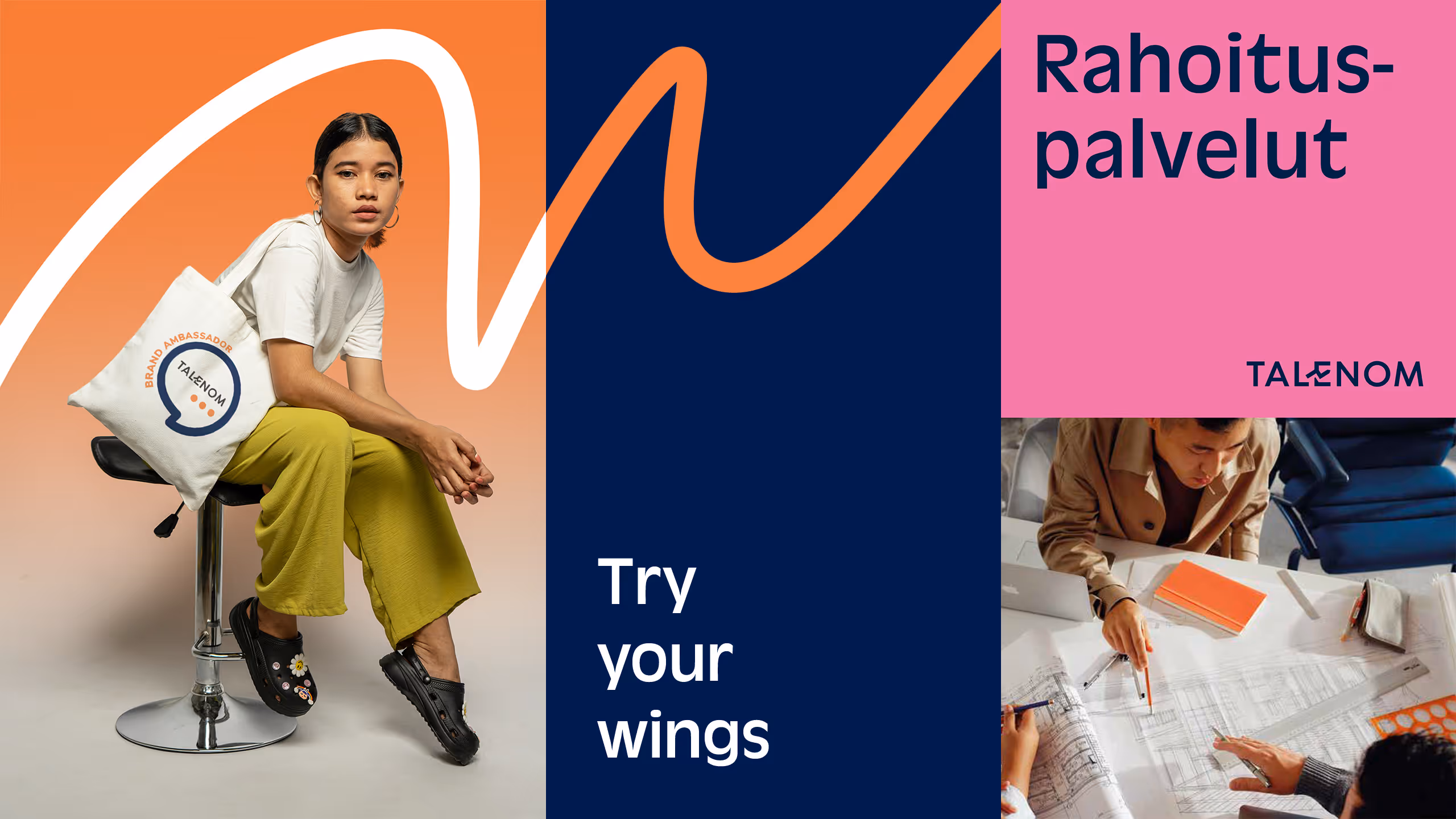 Talenom-brändiuudistus: Referenssikuvia markkinointimateriaaleista, asiantuntijatyöstä ja "Try your wings" -sloganista.