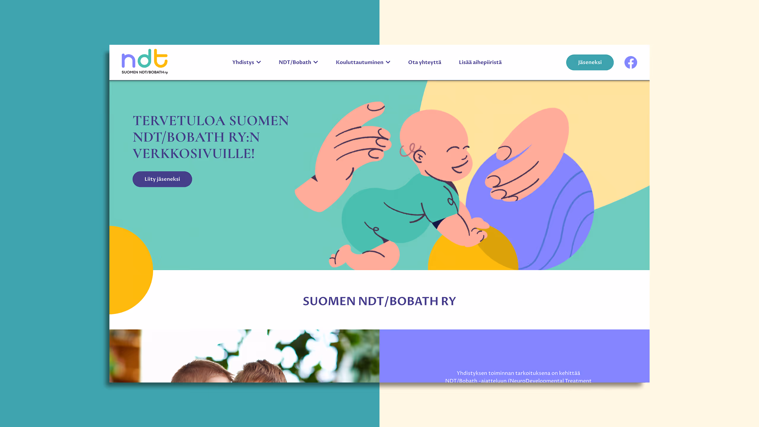 Suomen NDT/Bobath ry:n saavutettavat verkkosivut, joissa on lempeä ja asiantunteva kuvitusvauva-teema.