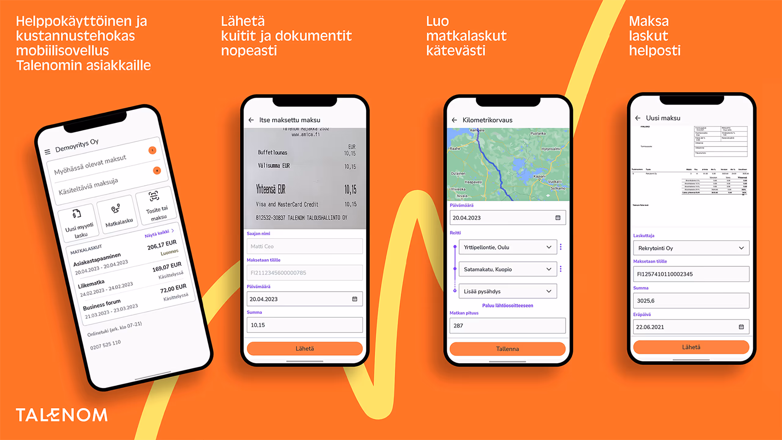 Talenom-mobiilisovelluksen visuaalinen suunnittelu: selkeät ja modernit käyttöliittymänäkymät kuitteja, matkalaskuja ja maksuliikennettä varten.