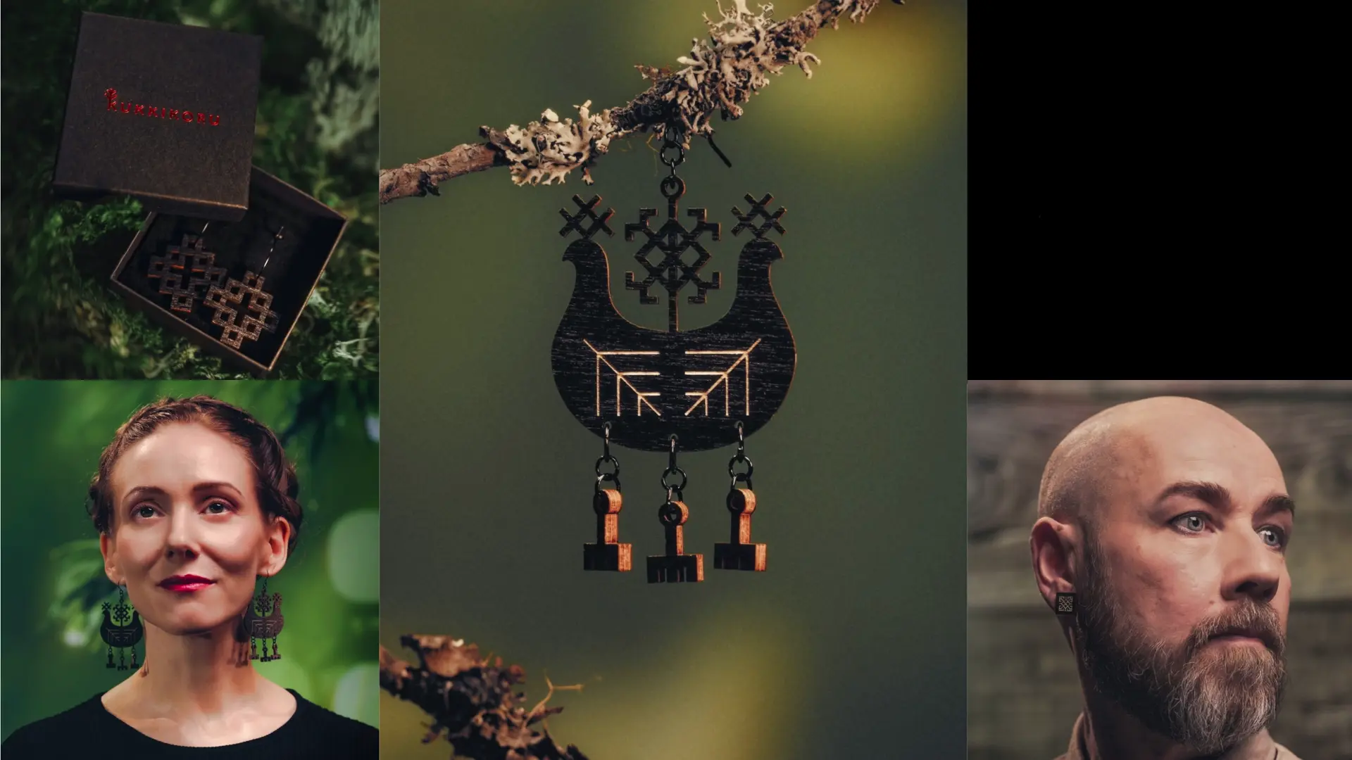 Kukkikorun tuotekuvia, tuotteita mallien käytössä sekä animoitu Kukkikoru logo mustalla pohjalla.