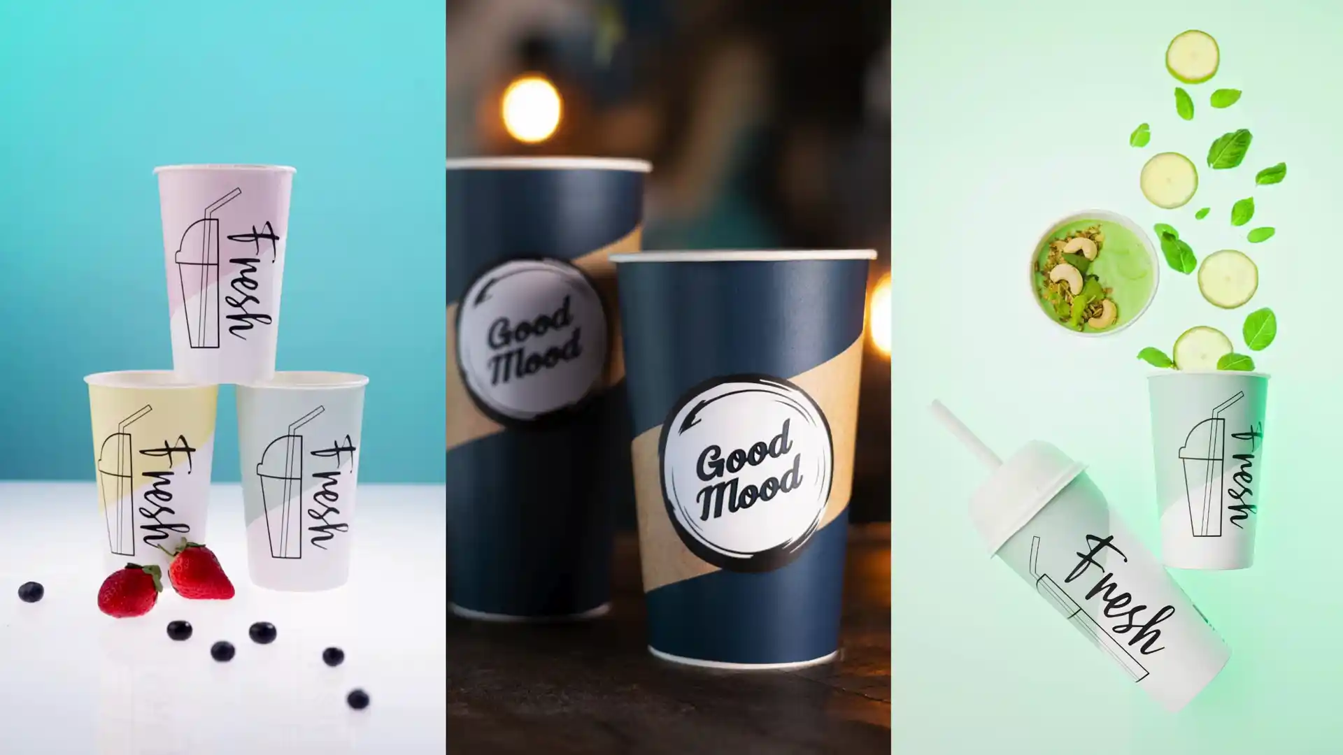 Huhtamäen Fresh-kylmäkuppien tuotekuvaukset: Animoitu video kupin reunalle tippuvasta mansikasta sekä tyylikkäitä mainoskuvia eri kuosimallistoista.
