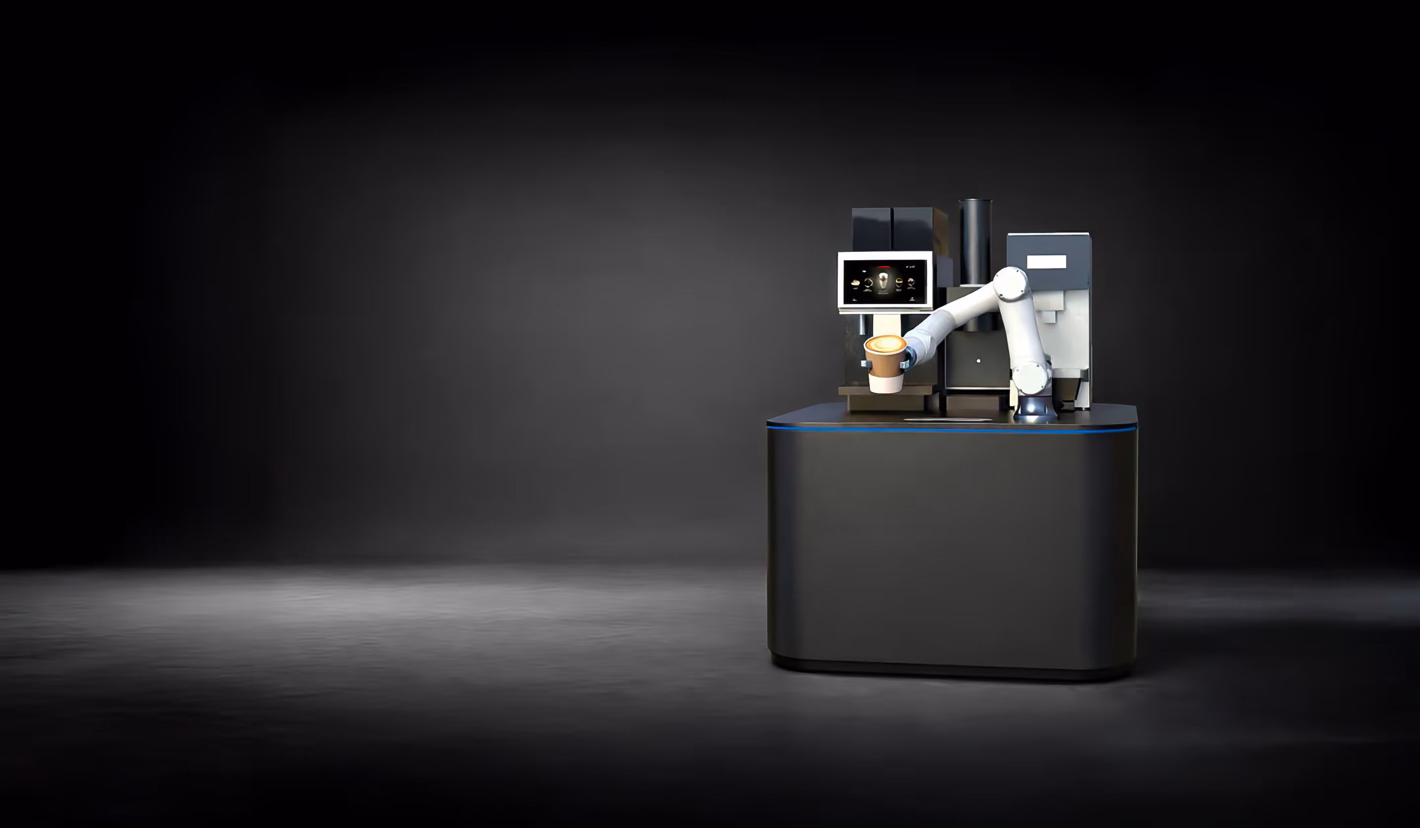 เครื่องชงกาแฟอัตโนมัติที่มีแขนหุ่นยนต์ถือถ้วยกาแฟลาเต้อาร์ตอยู่บนพื้นหลังสีเข้ม