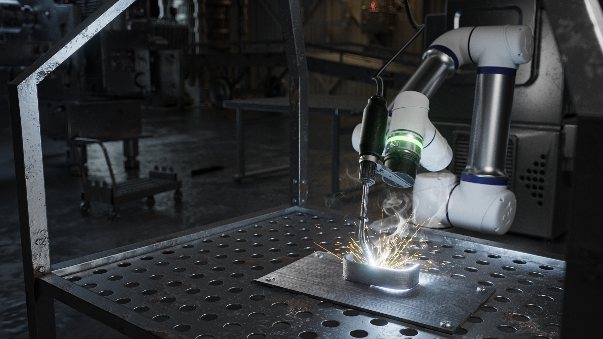 Collaborative robot welding a metal workpiece on a perforated welding table.