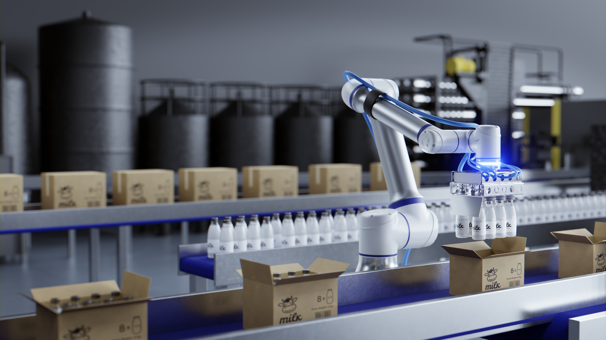 Elite Robots collaborative robot shown picking and placing packaged bottles into a box