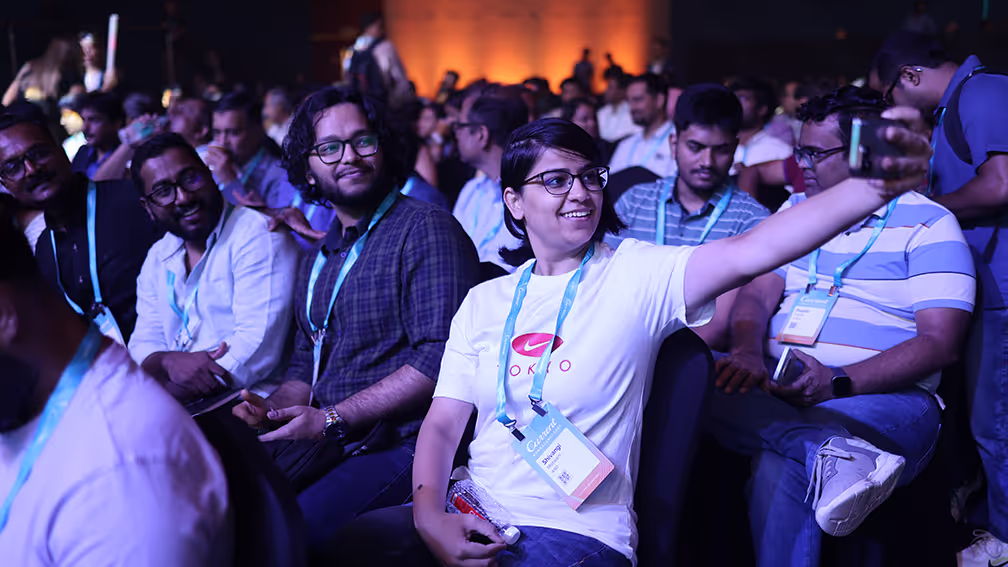 Happy attendees at taking a selfie at the Current Keynote Presentation