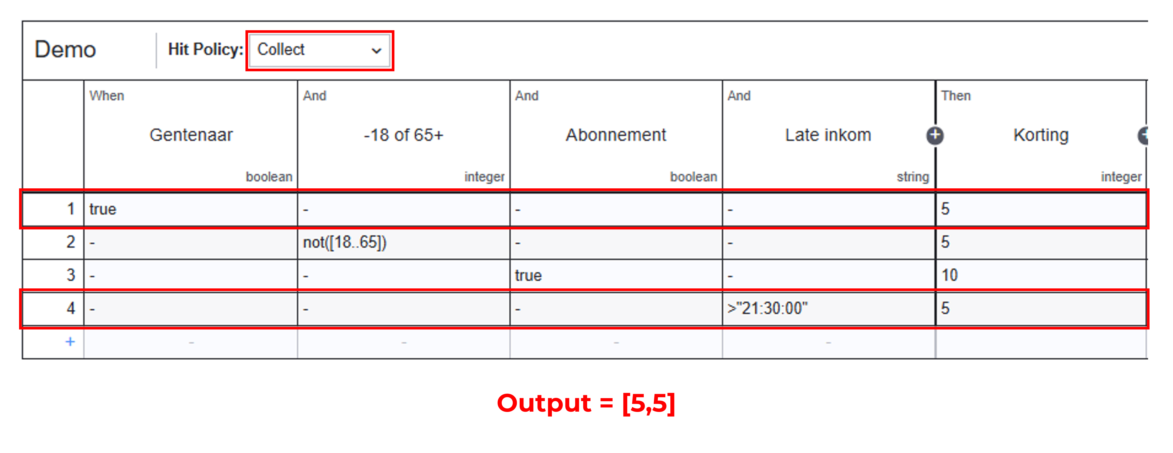 Hit policy = Collect / Output = [5,5]