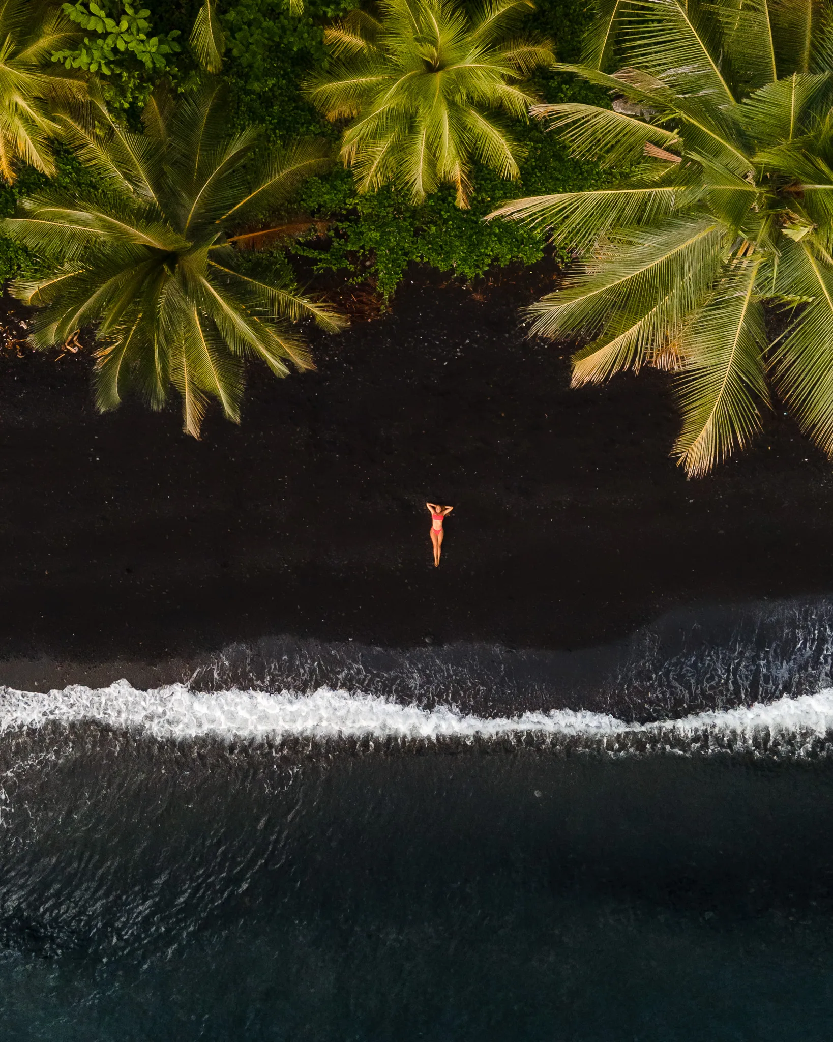 Vue aérienne d'une plage de sable noir bordée de palmiers à Bali