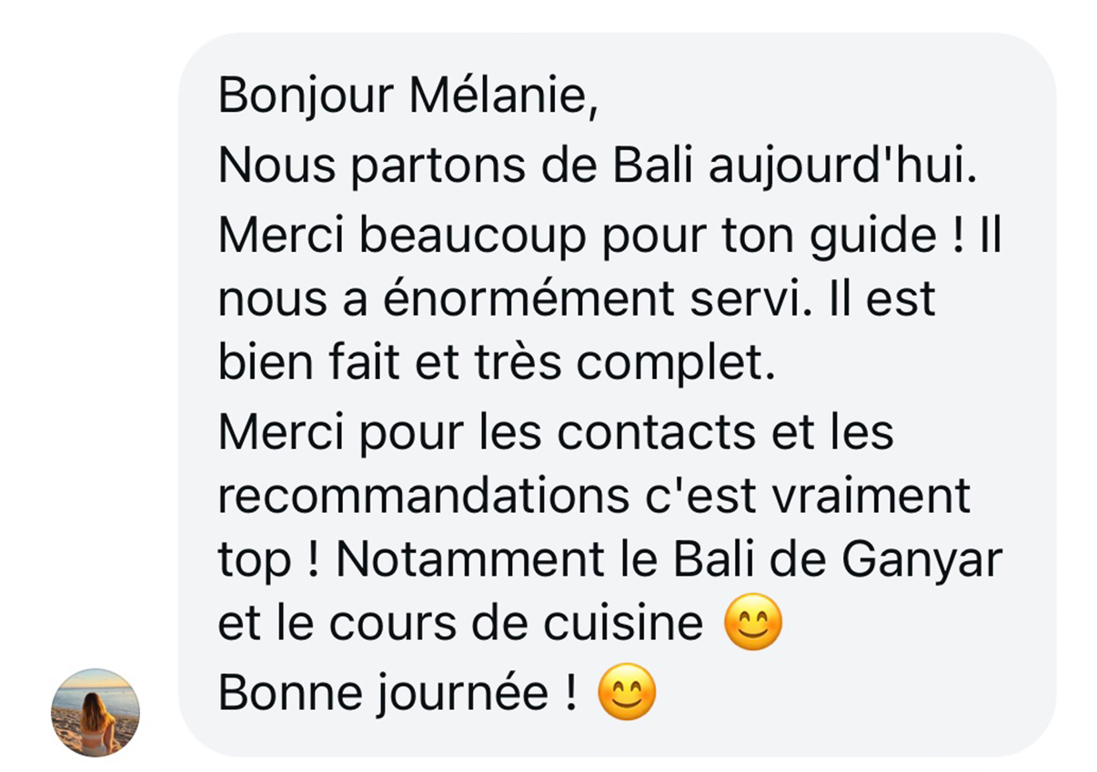 Avis client sur le guide Bali reçu sur Instagram