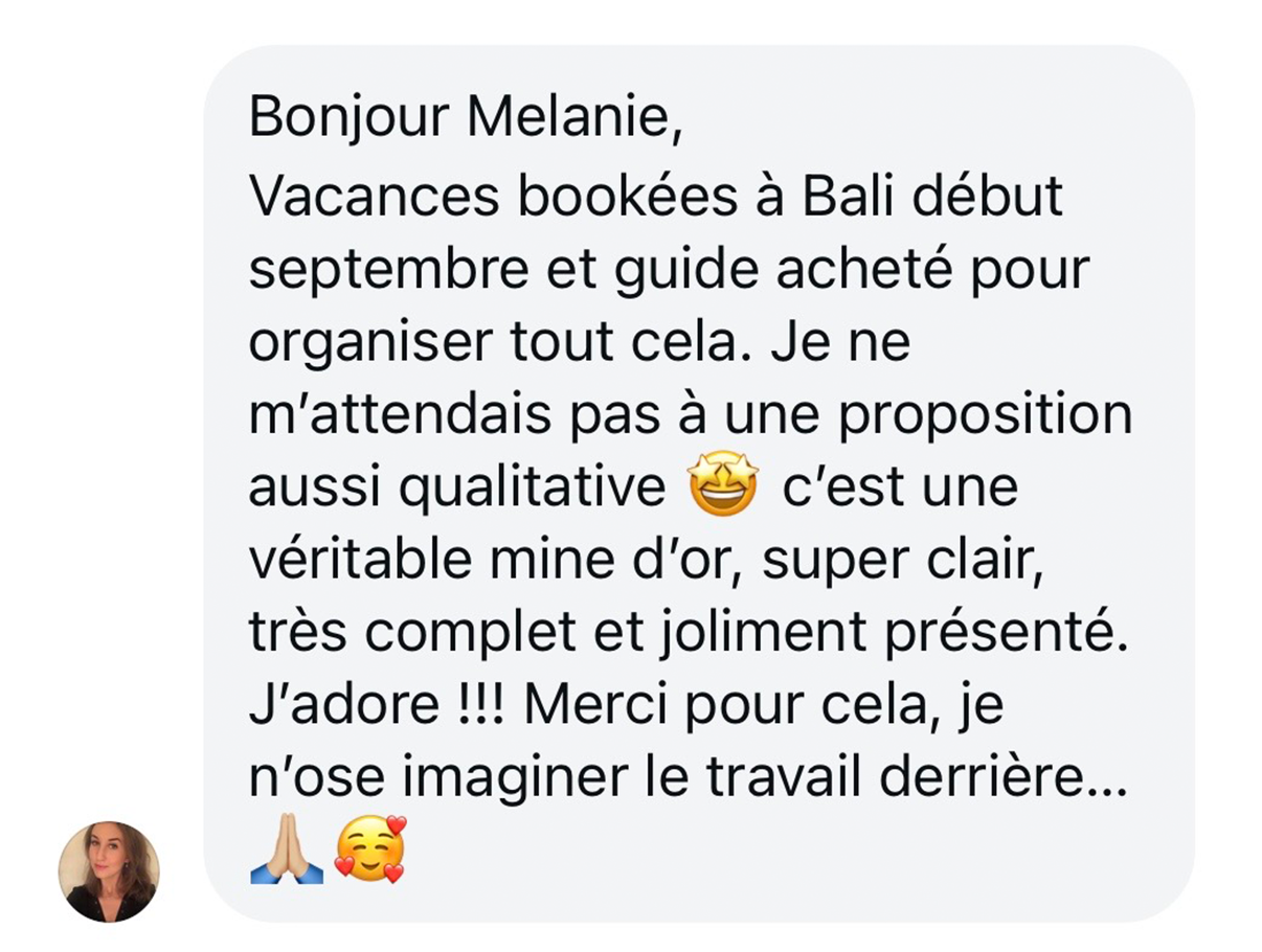 Avis client sur le guide Bali reçu sur Instagram