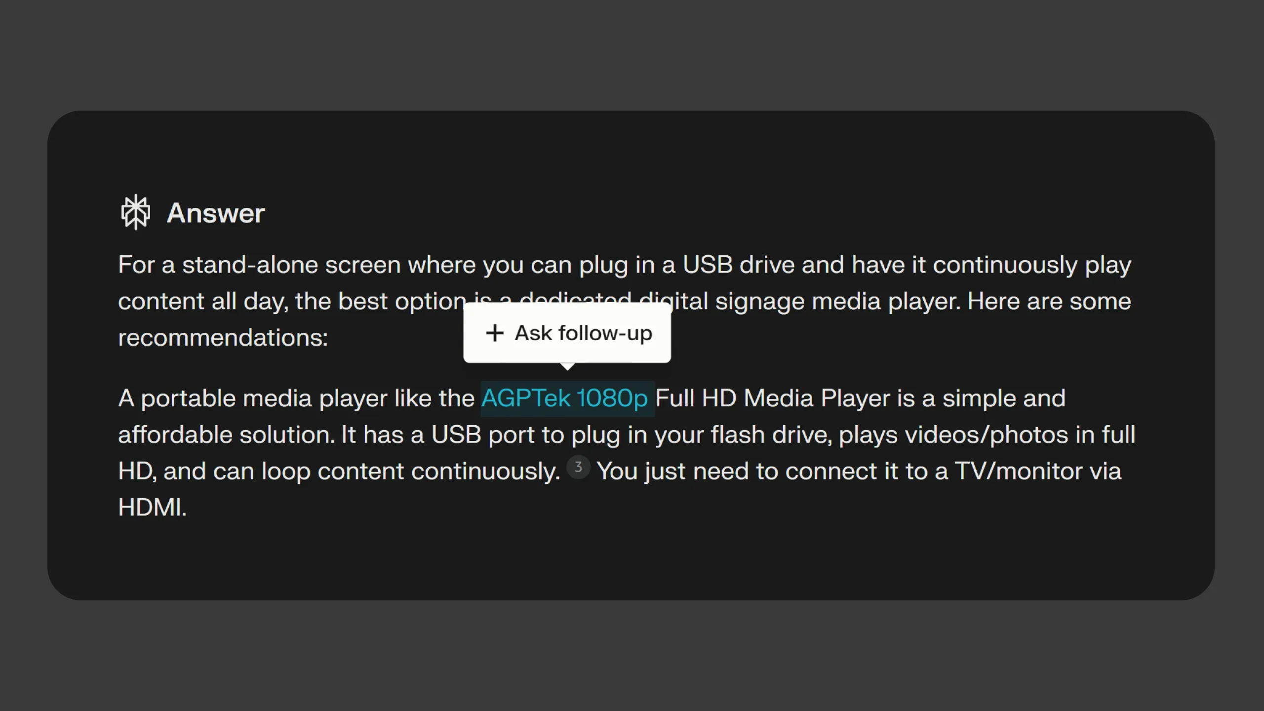 A screenshot highlighting an interface element labeled "Ask follow-up" appearing in a tooltip above text discussing the AGPTek 1080p Full HD Media Player.