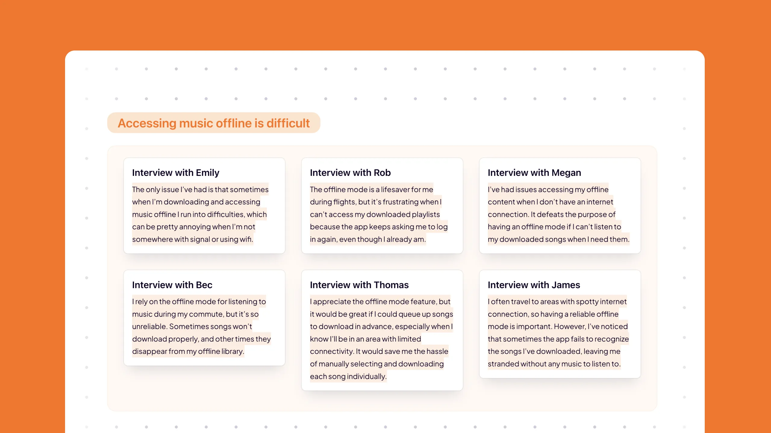 The image displays a grid layout with six cards, each containing an interview excerpt under the theme "Accessing music offline is difficult." Each card highlights a user's experience with offline music access issues: Interview with Emily: Emily finds it annoying when she can't access downloaded music due to a lack of signal or Wi-Fi. Interview with Rob: Rob is frustrated by being repeatedly asked to log in to access offline playlists during flights. Interview with Megan: Megan struggles to access offline content without an internet connection, defeating the purpose of offline mode. Interview with Bec: Bec relies on offline mode for commuting, but often finds songs not downloading properly or disappearing from her library. Interview with Thomas: Thomas appreciates offline mode but wishes for a feature to queue up songs in advance to avoid manual downloads in low connectivity areas. Interview with James: James often faces issues with the app not recognizing downloaded songs, leaving him without music in areas with spotty internet.