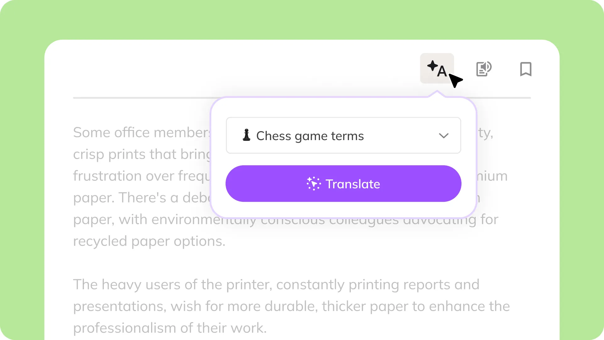 A screenshot of a translation tool with a dropdown menu showing "Chess game terms" and a purple "Translate" button below. The background text is blurred, focusing on the translation interface.