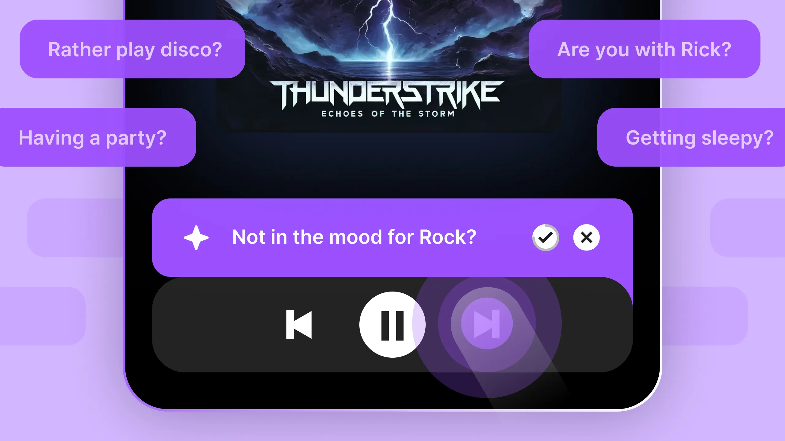 An image showing a section of a user interface with a dark-themed background and purple dialogue boxes containing different suggestions or prompts. The background features a game or media title "Thunderstrike: Echoes of the Storm" with lightning and storm imagery. The suggestions include "Done browsing?", "Invite whole team?", "Organize tabs?", "Getting sleepy?", and "Not in the mood for Rock?". Below these prompts, a media control interface is visible with icons for infinity loop, skip back, play/pause, and favorite.