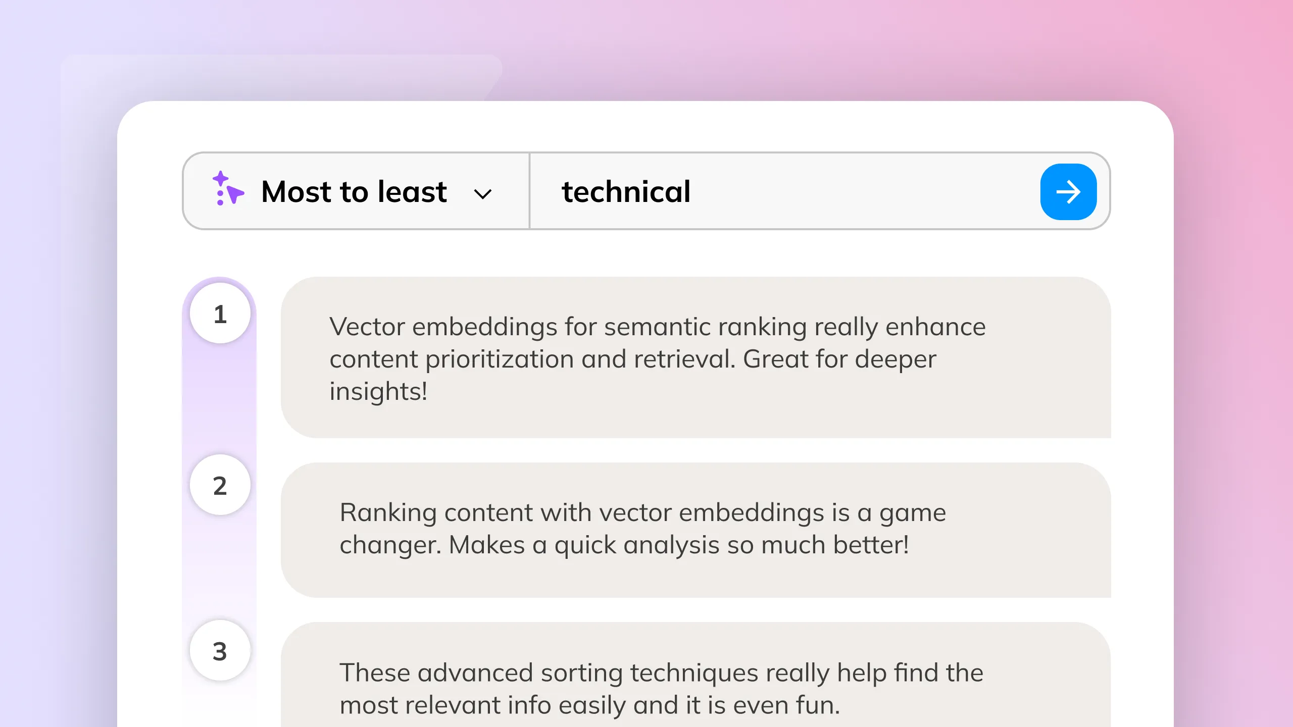 The image depicts a user interface element that appears to be a feedback sorting feature. The interface is designed with a pink background and a white overlay containing the sorting options and feedback content.