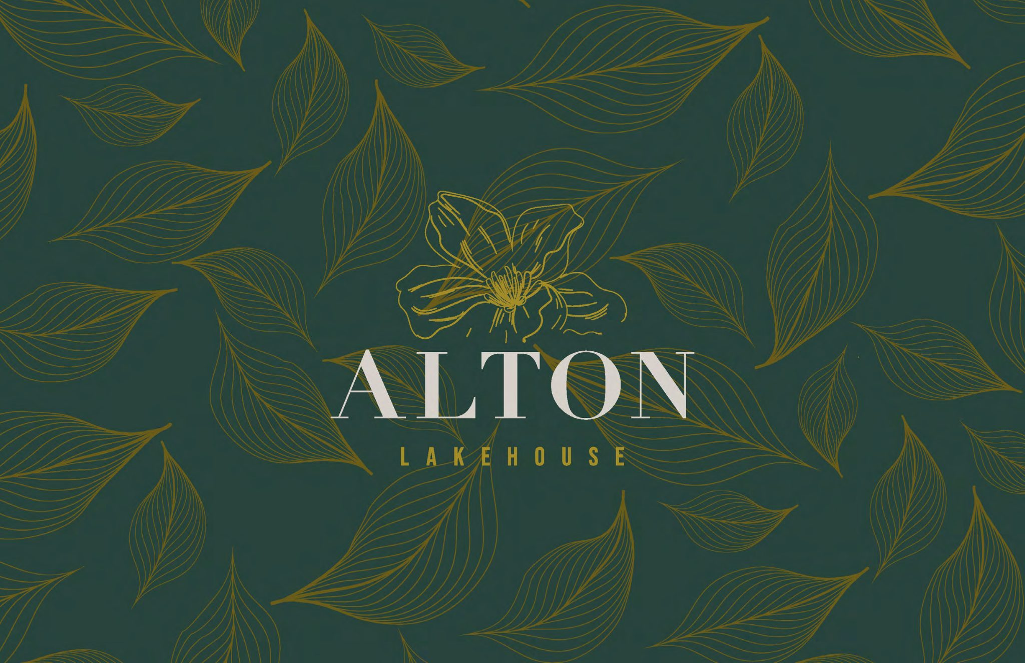 Alton Lakehouse identity with a gold magnolia and leaf pattern on lake green