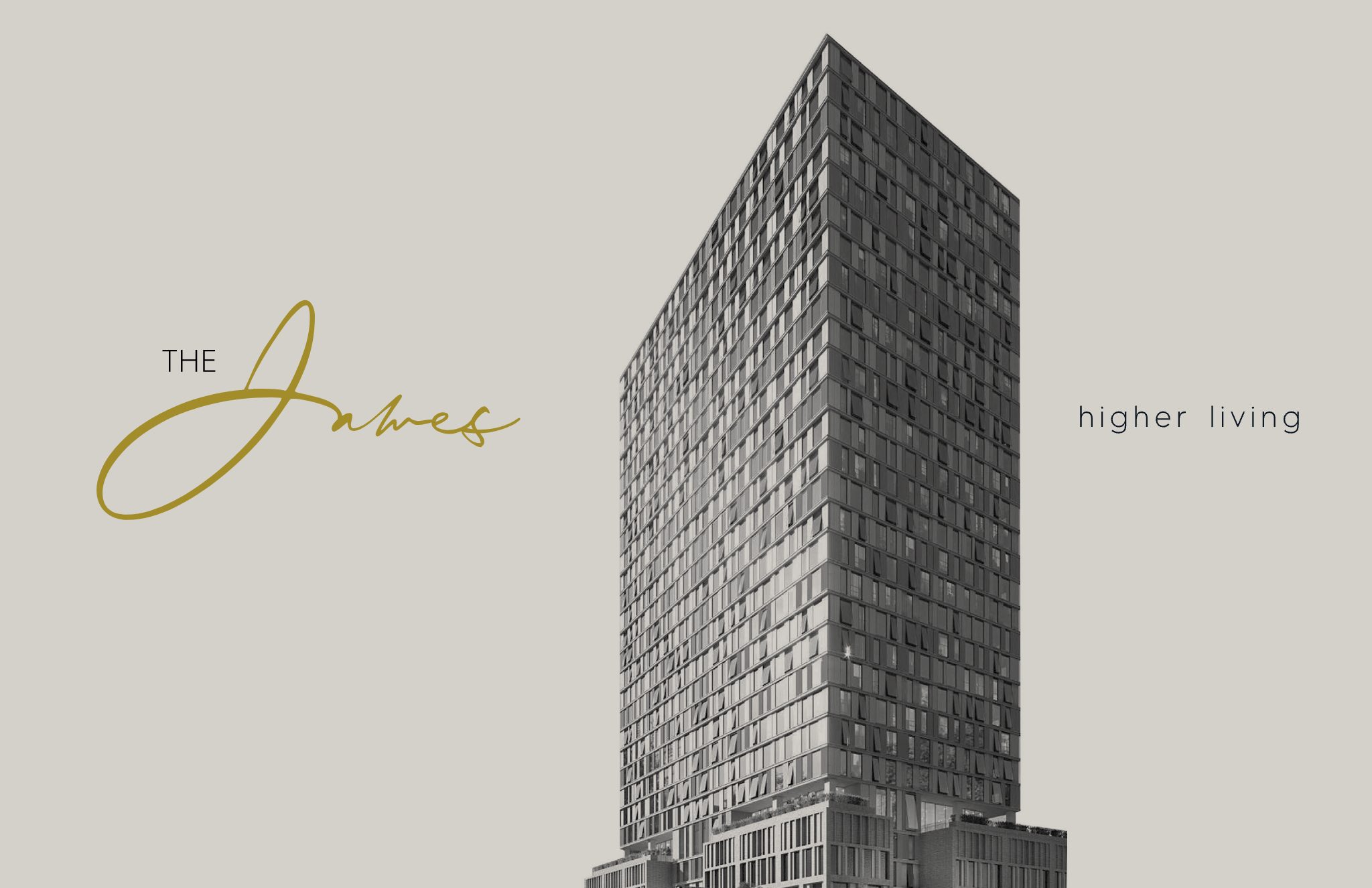 The James identity with a script wordmark beside a high-rise tower