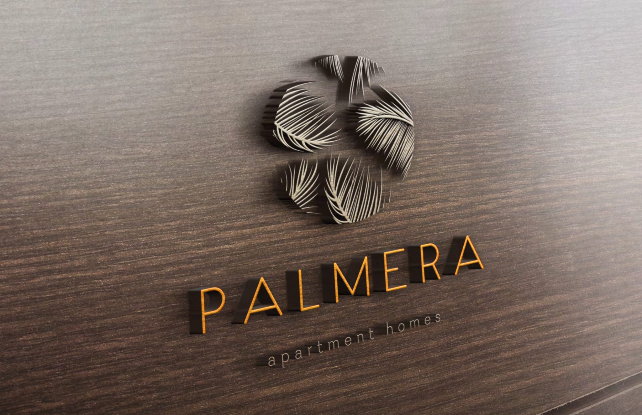Palmera dimensional identity in warm wood and brass