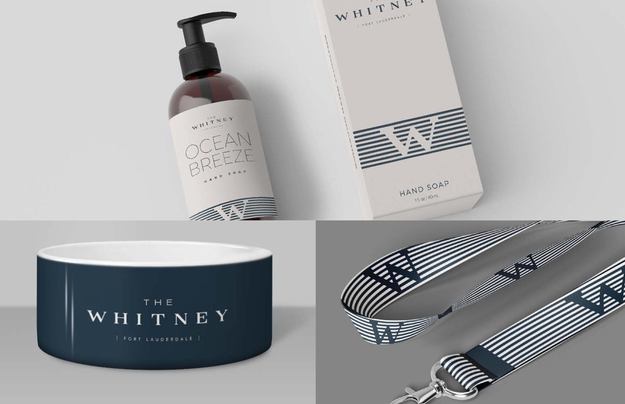The Whitney amenity packaging suite including the pet bowl and leash
