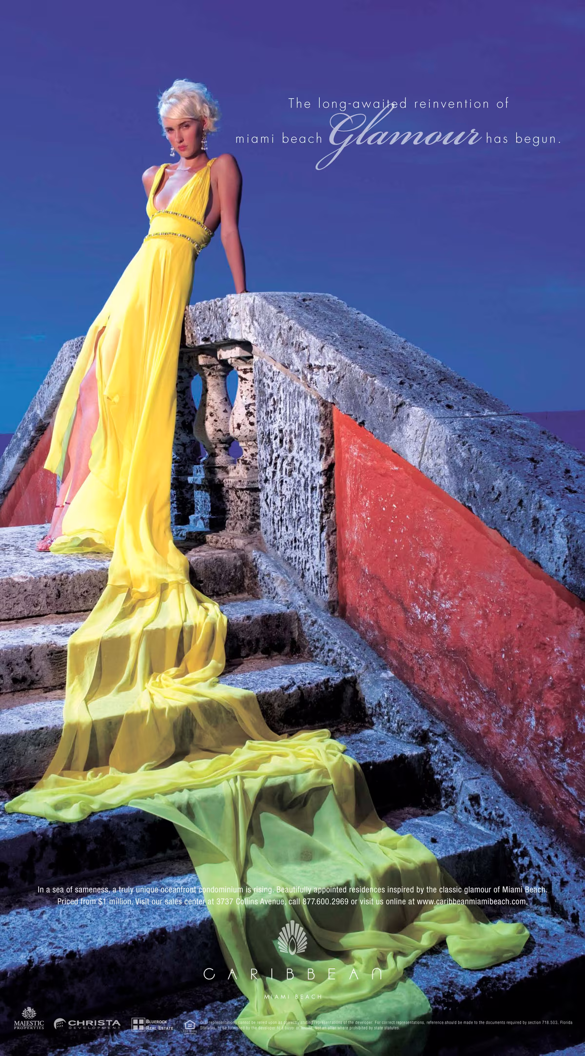 Caribbean Miami Beach Glamour campaign, yellow gown