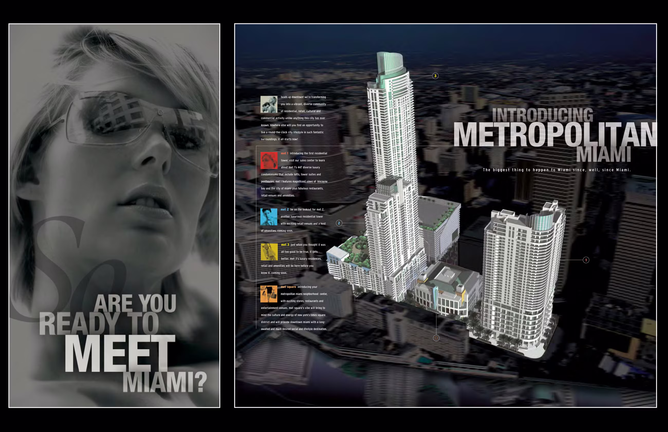 Metropolitan Miami brochure cover and tower rendering spread
