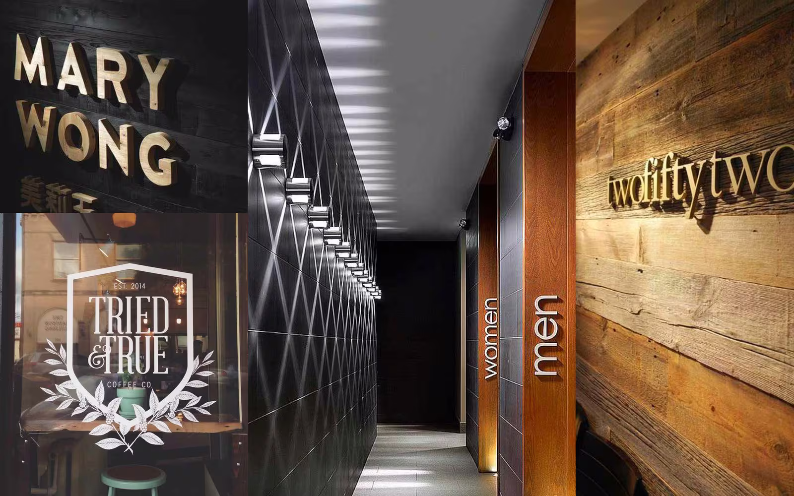 Interior concept board with wood walls and dimensional lettering